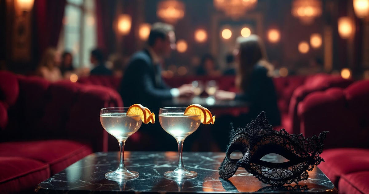 Masque en dentelle noire et cocktails dans une ambiance club chic tamisée